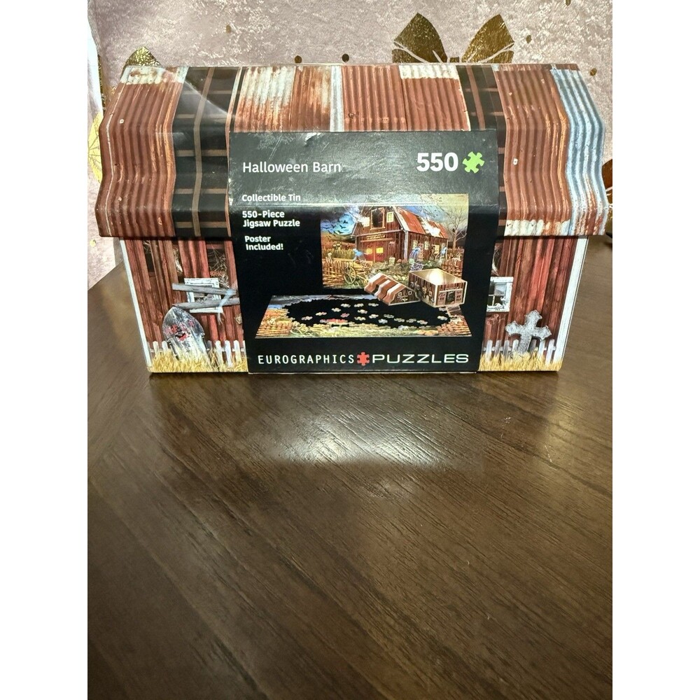 Haunted Halloween Barn Jigsaw Puzzle in Collectible Spooky Decor Tin 550 Pieces